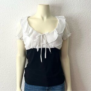 White and Black Ruffled Tie Front Blouse Womens Juniors Size L
